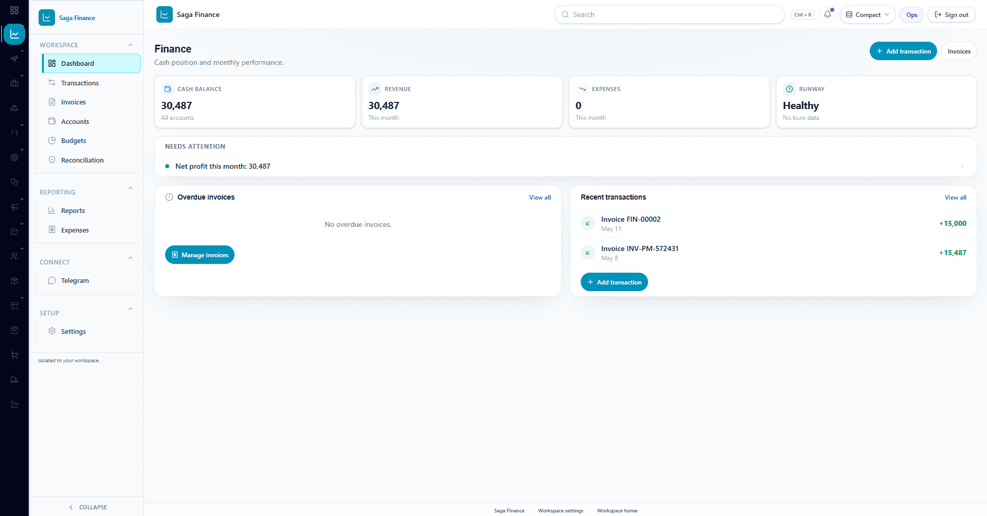 Saga Finance dashboard preview