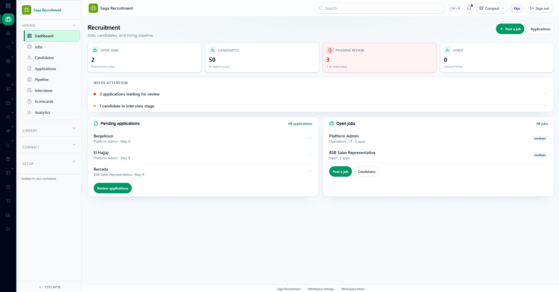 Saga Recruitment dashboard preview